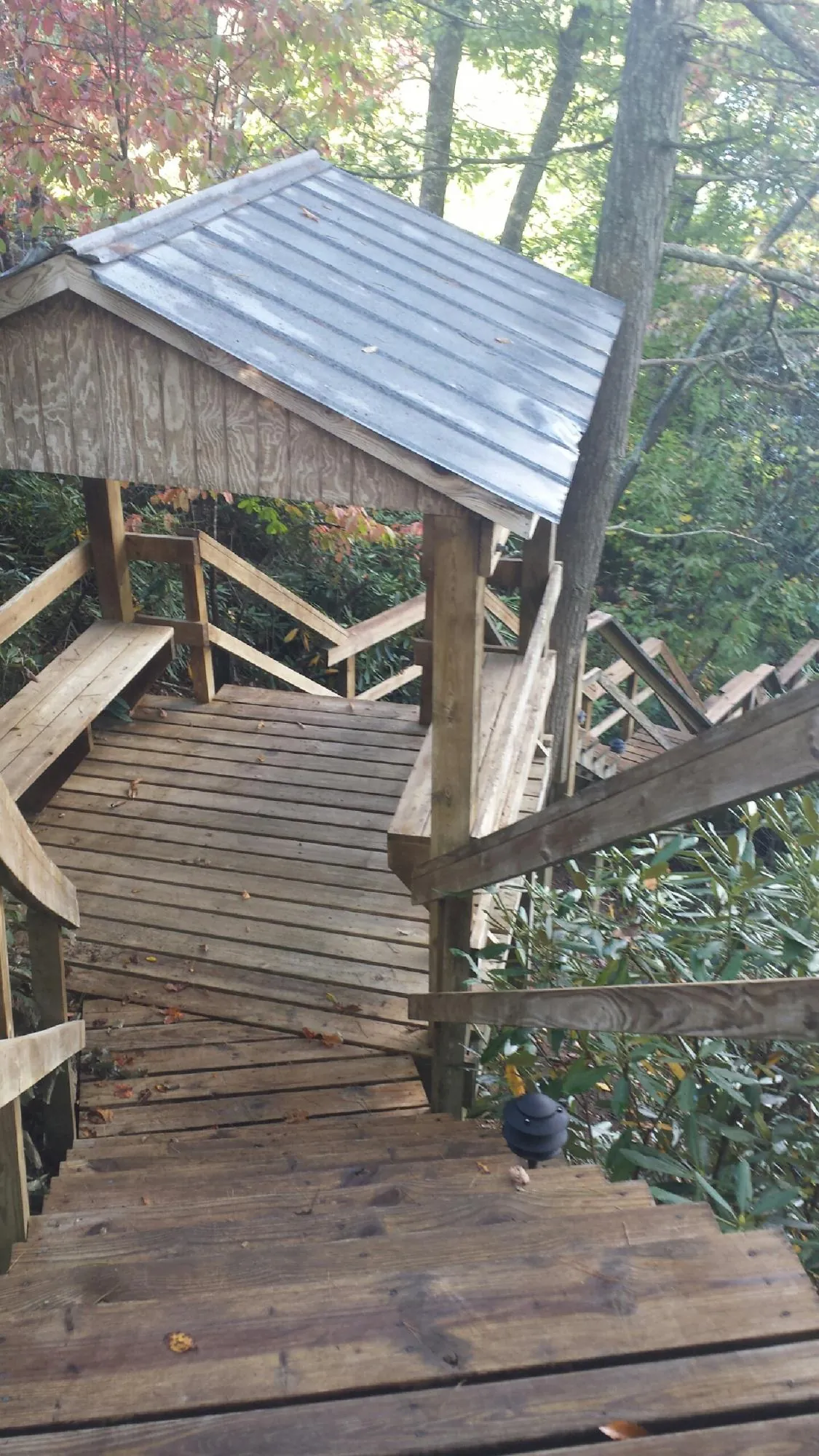 Metal roofed shelter over wooden steps on a wooded walkway — Skylight Repair & Installation work by our crew in Plumerville